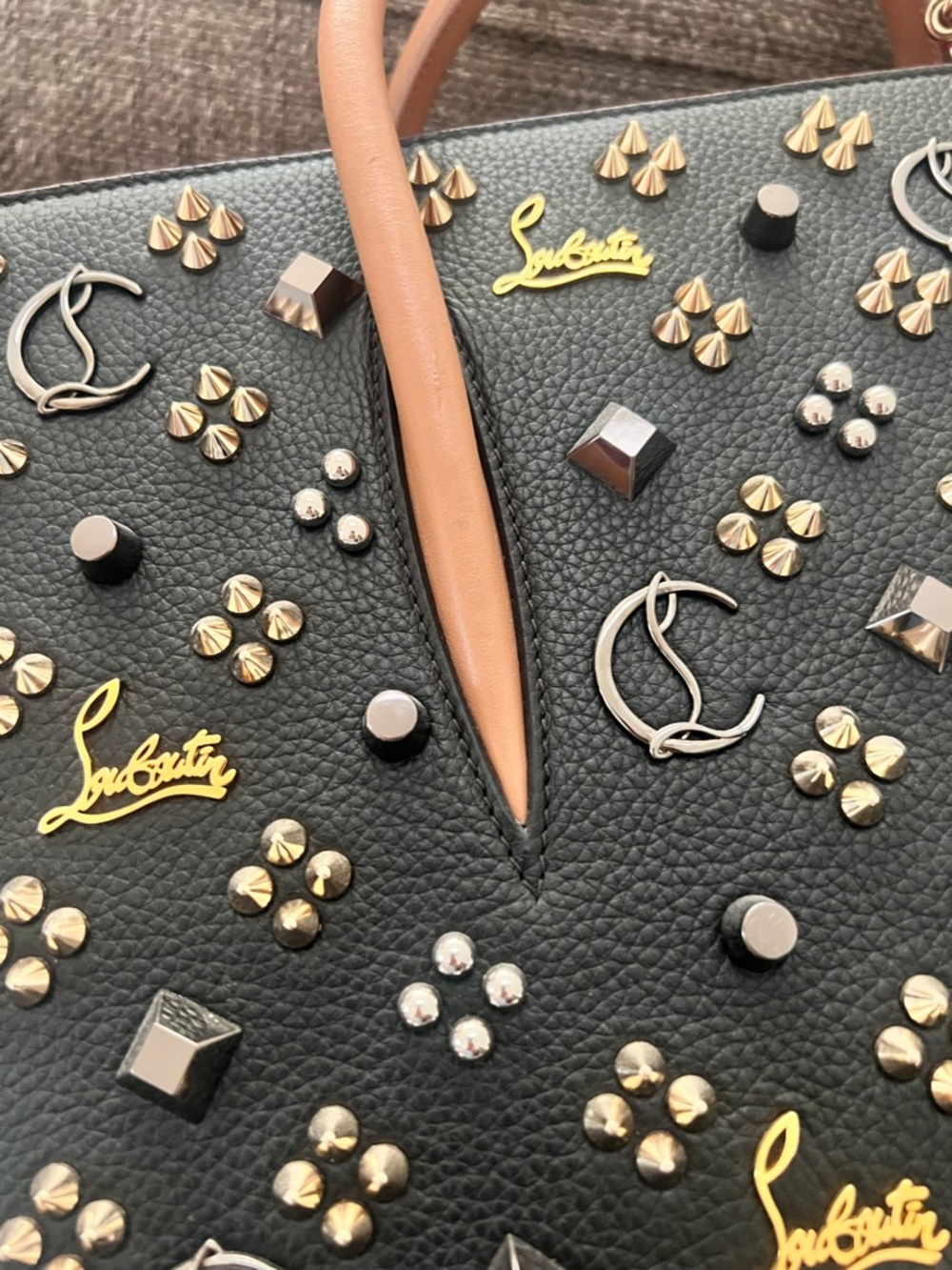 Christian Louboutin Paloma Black Studded Tote with Tan Handles medium - Picture 6 of 11